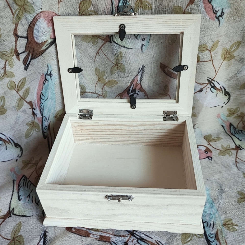 Raw Wood Unfinished Wooden Wood Jewelry Craft Stash Box Glass Lid Photograph NEW